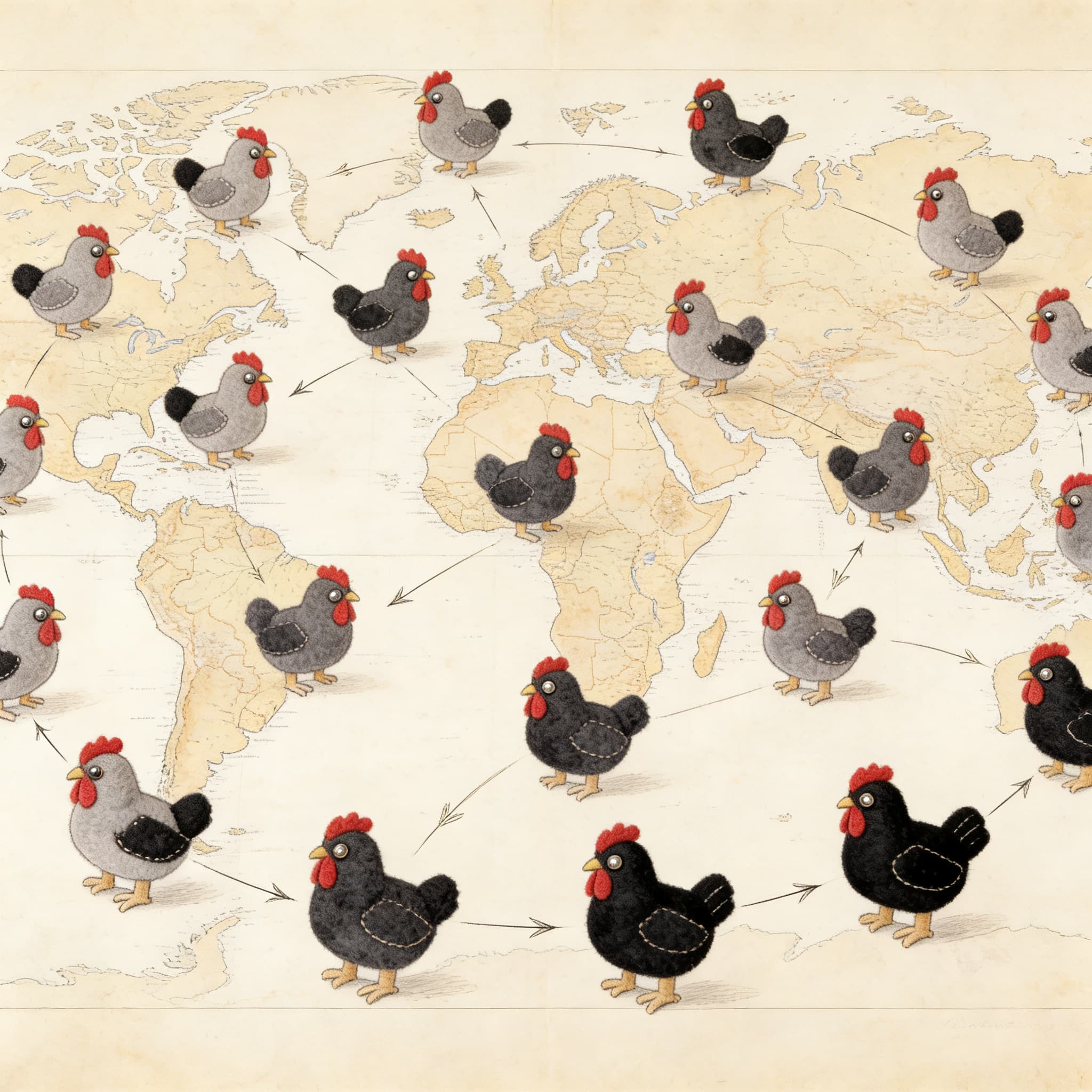 Travelling Chickens arrayed across a world map
